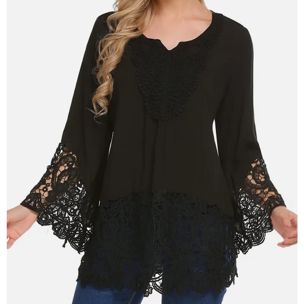 SoTeer Lace Bell Sleeve Blouse V Neck Crochet Top Size L NWOT